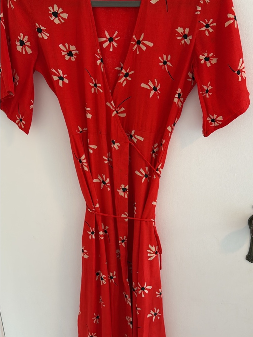Faithfull the Brand Red Floral Wrap Dress with Cream & Black Blooms